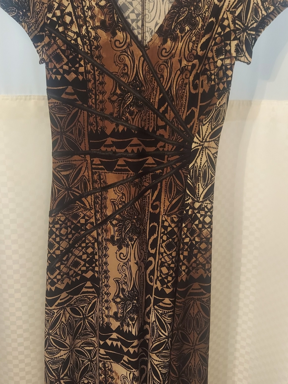 Womens Brown & Black Printed Wrap-Style Midi Dress